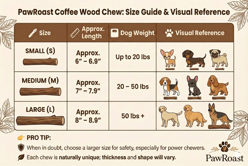 PawRoast coffee wood dog chew size guide and product specifications for all dog breeds