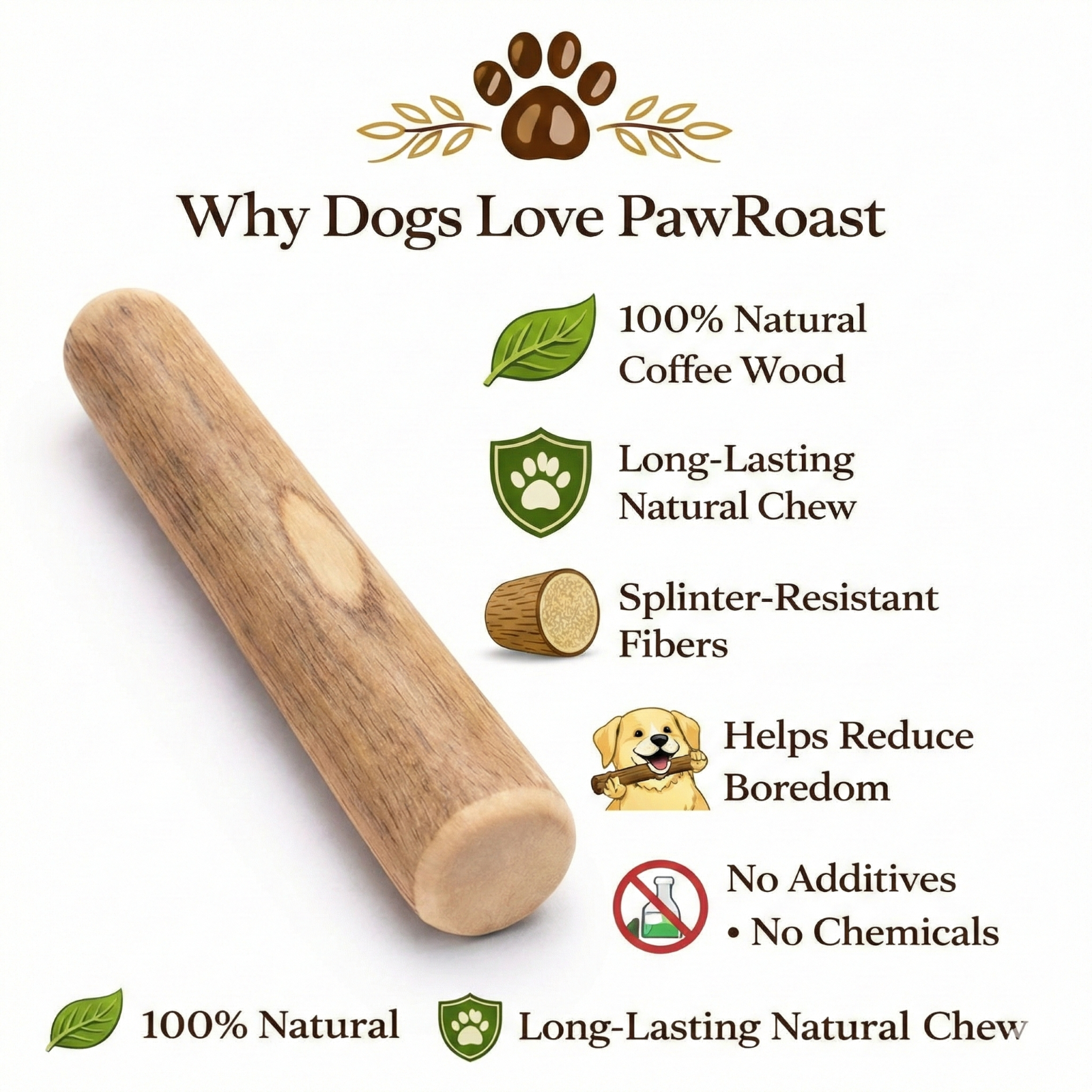 PawRoast coffee wood dog chew benefits and features - natural eco-friendly dog toy