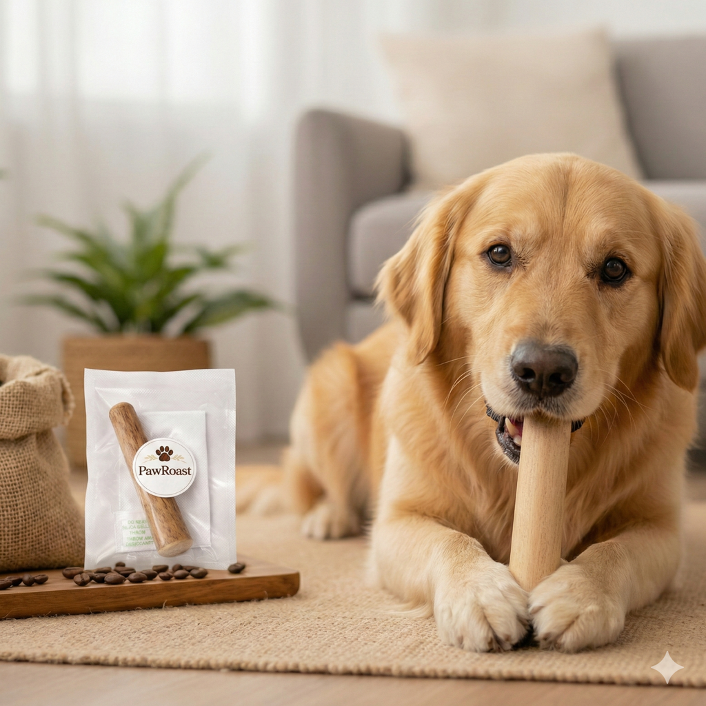 Golden Retriever dog chewing on natural coffee wood stick - durable alternative to rawhide