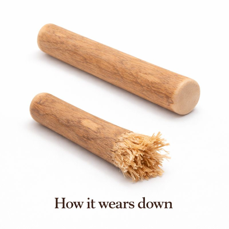 Coffee wood dog chew wear pattern demonstration - long-lasting natural chew toy