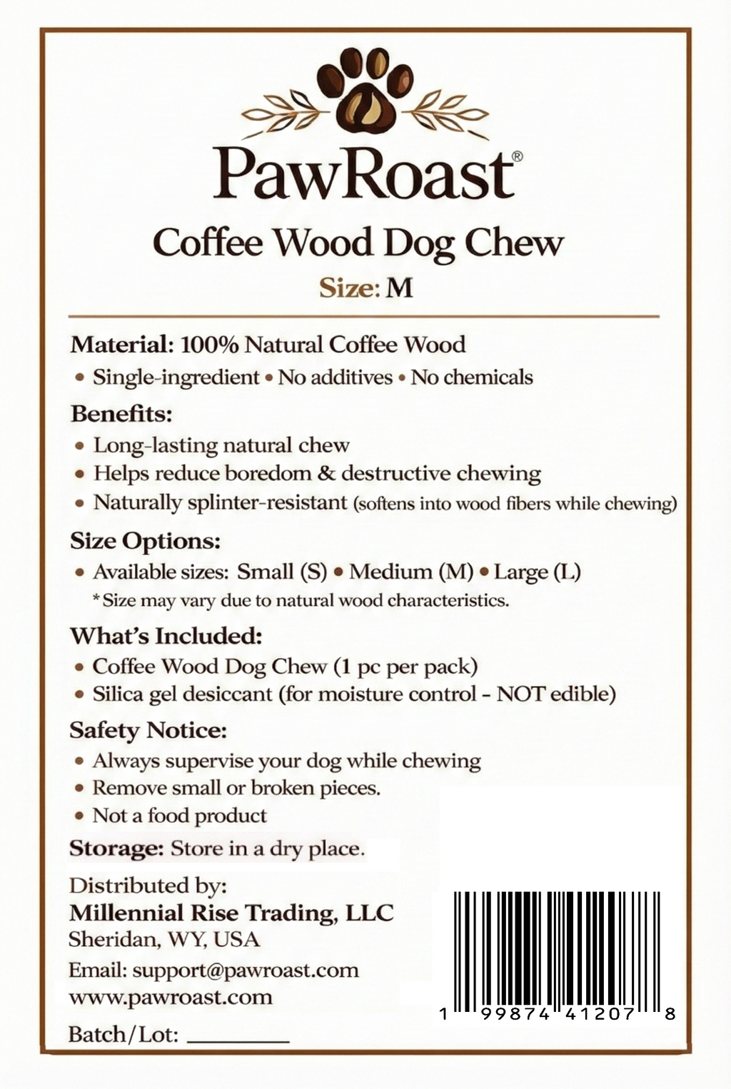 PawRoast coffee wood dog chew product label - made in USA natural dog treat