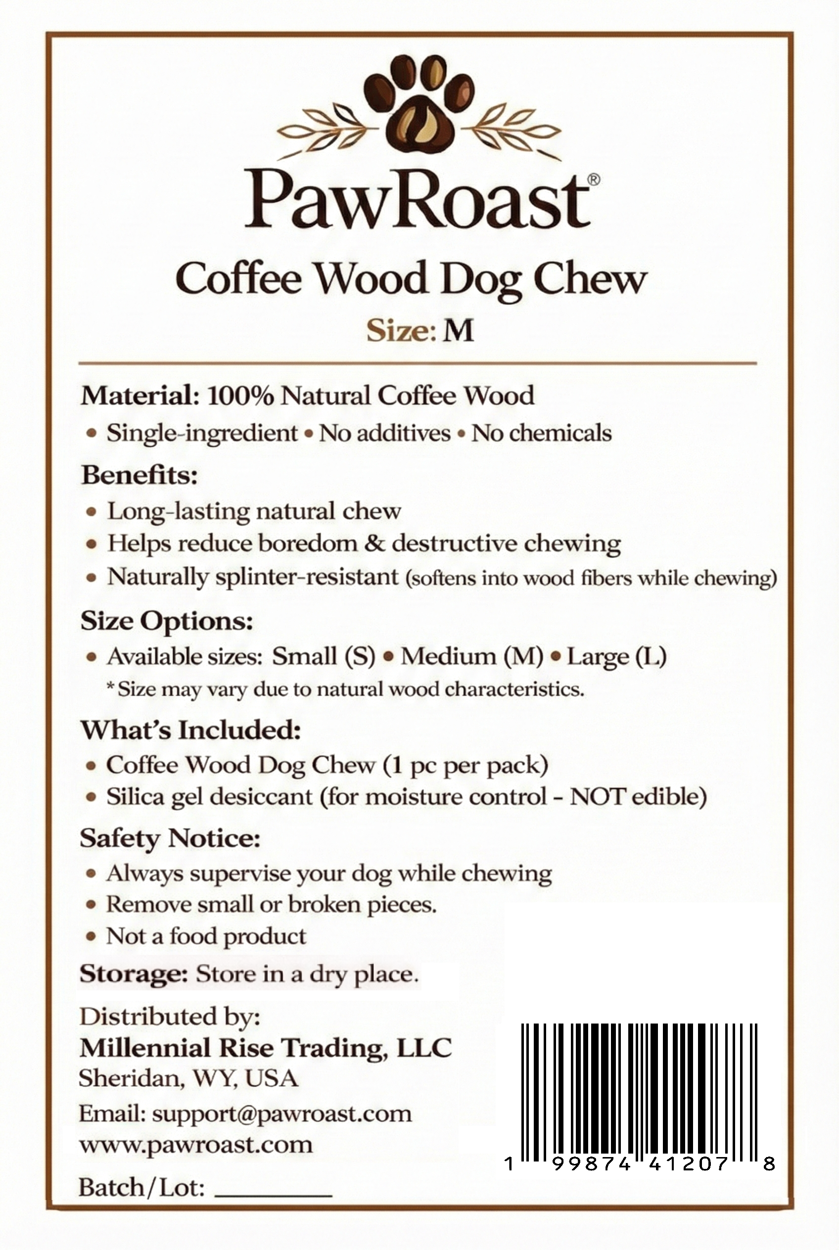 PawRoast coffee wood dog chew product label - made in USA natural dog treat